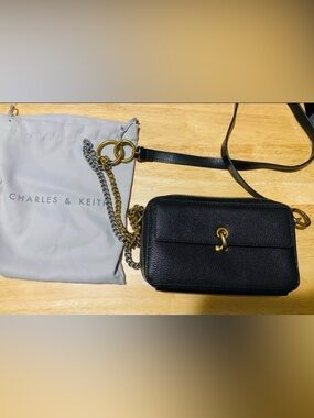 Charles & Keith Black Pebbled Leather Crossbody with Gold Chain Accent